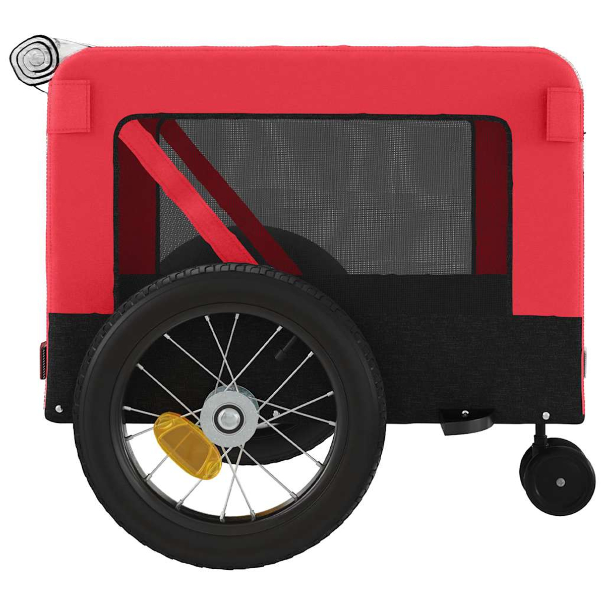 Roter Kinderanhänger mit schwarzem Stoff und einem großen Rad mit Reflektor.