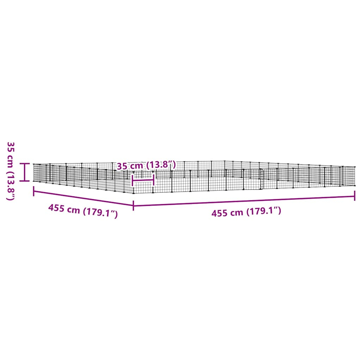 Ein langer, rechteckiger Käfig aus schwarzem Draht mit Maßen 455 cm Länge und 35 cm Höhe.