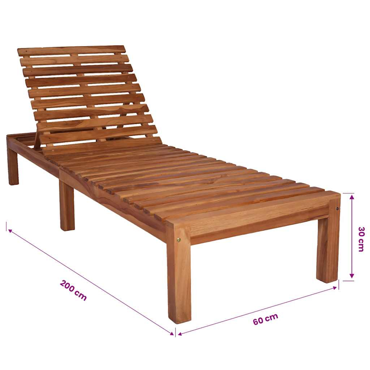 Eine hölzerne Liege mit verstellbarer Rückenlehne, 200 cm lang, 60 cm breit und 30 cm hoch.
