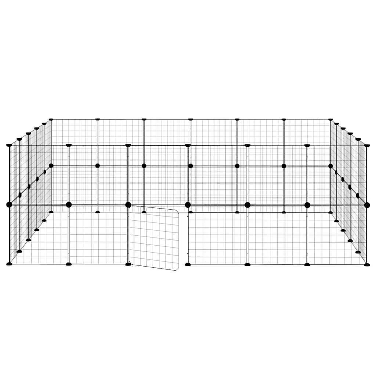 Ein modularer Drahtkäfig mit offener Tür, aus schwarzen Metallgittern.