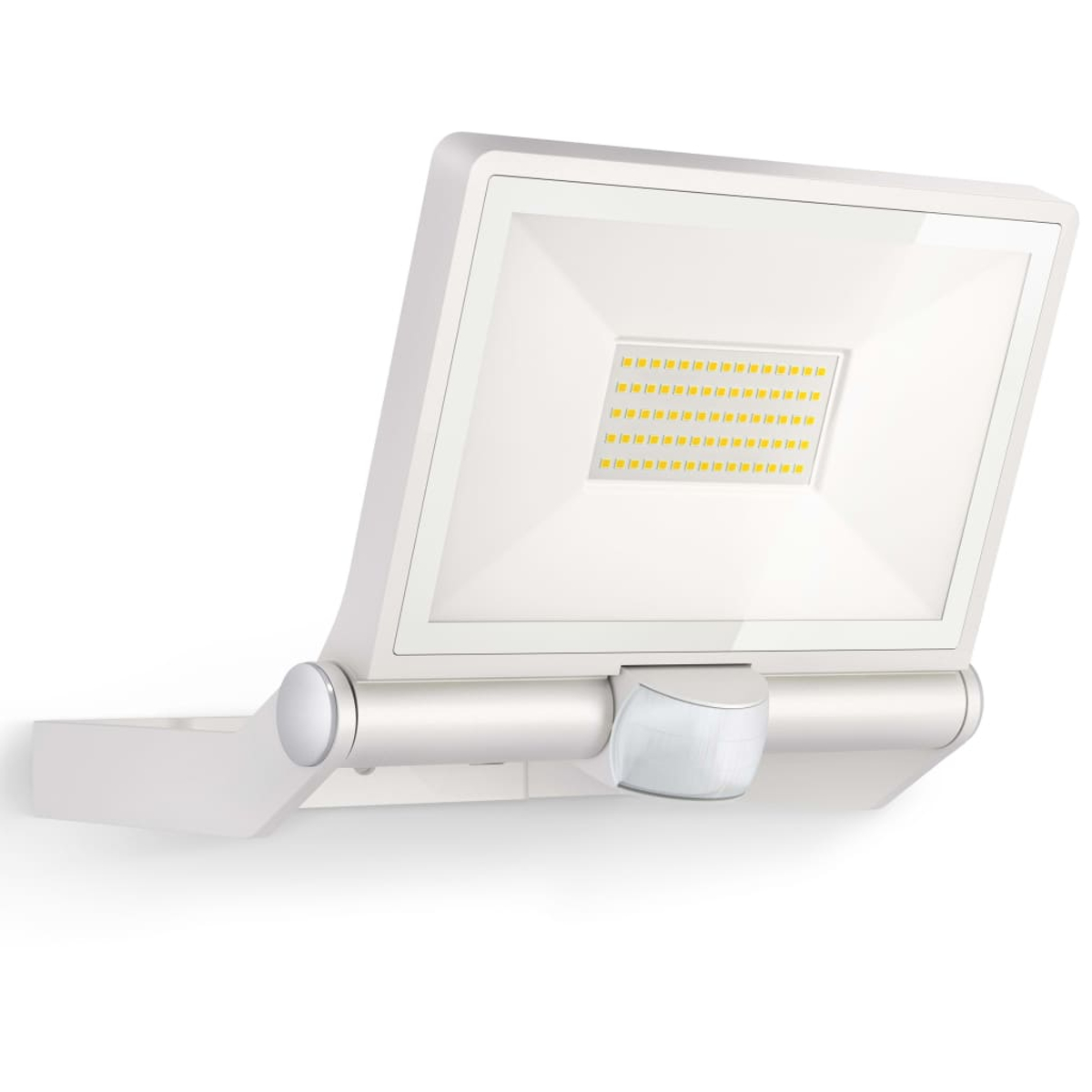Weiße LED-Flutlichtanlage mit Bewegungsmelder. Modernes Design, Wandmontage.
