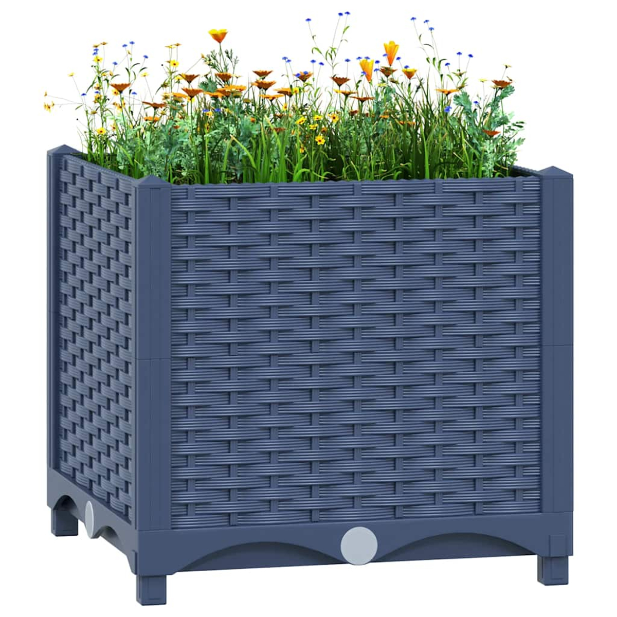 Ein blauer Blumenkasten mit geflochtenem Muster, gefüllt mit Blumen und Gras.