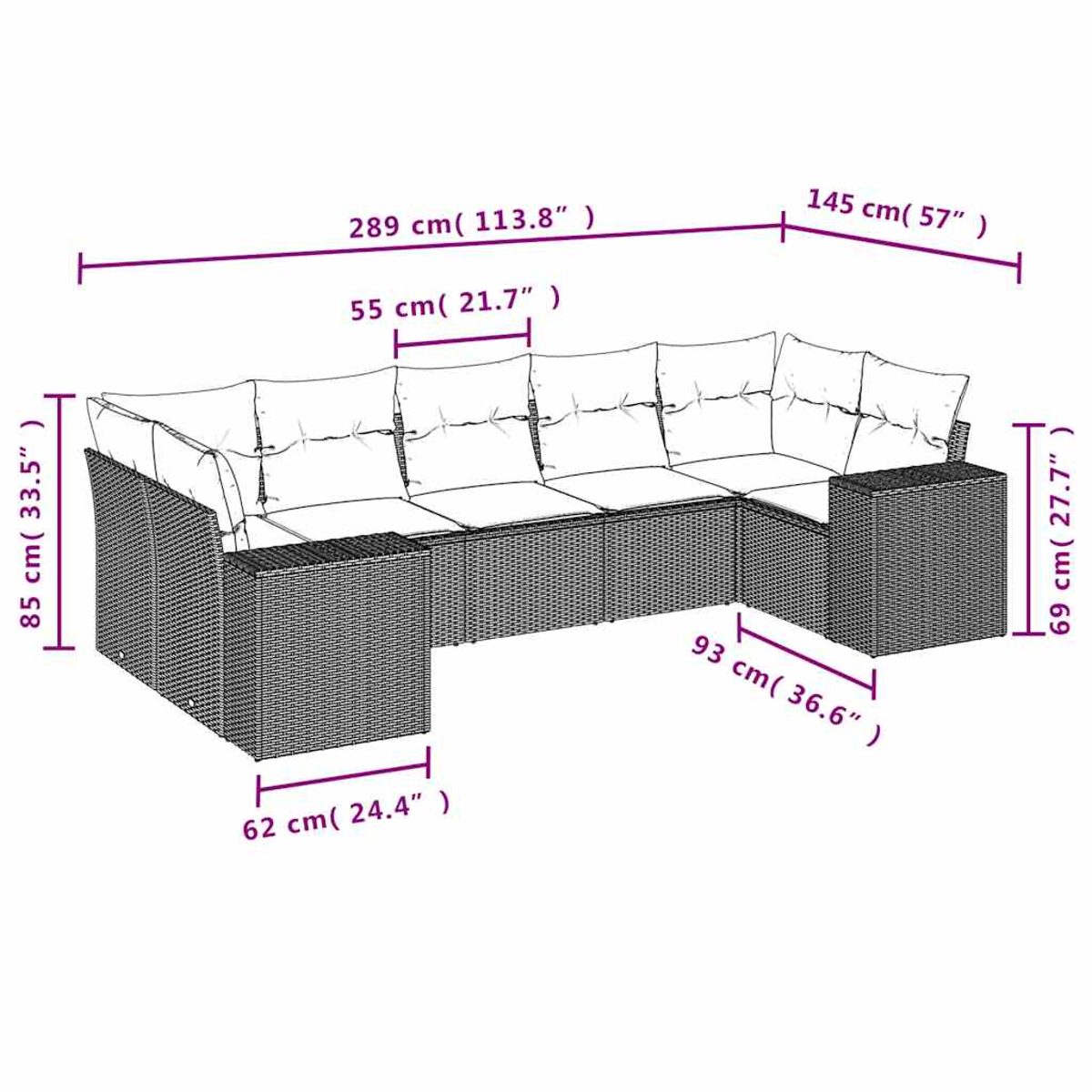 Ein Eck-Außensofa mit weißen Kissen und grauer Rattan-Optik. Maße sind angezeigt.