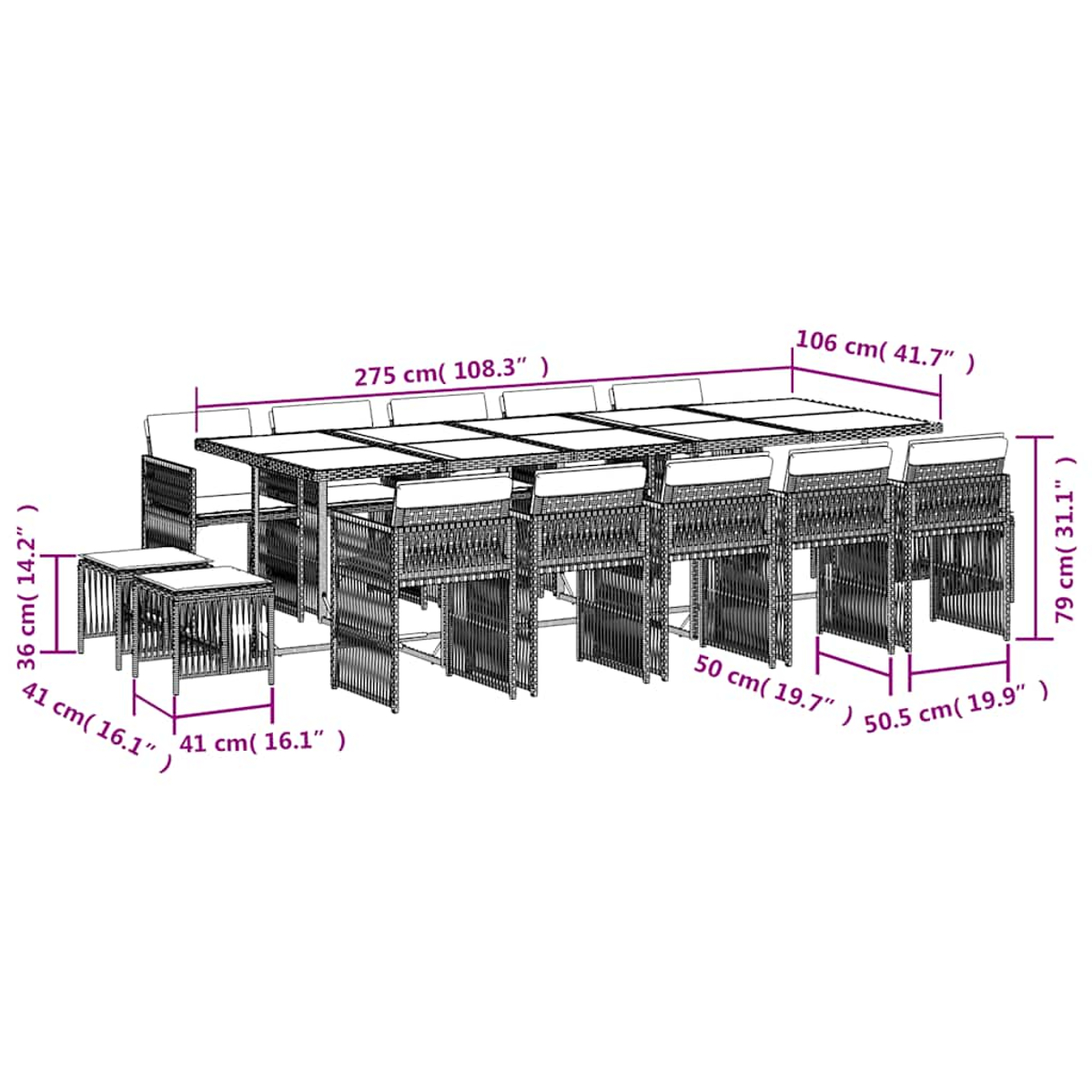 Conjunto de comedor exterior con mesa, 8 sillas y 2 taburetes. Dimensiones.