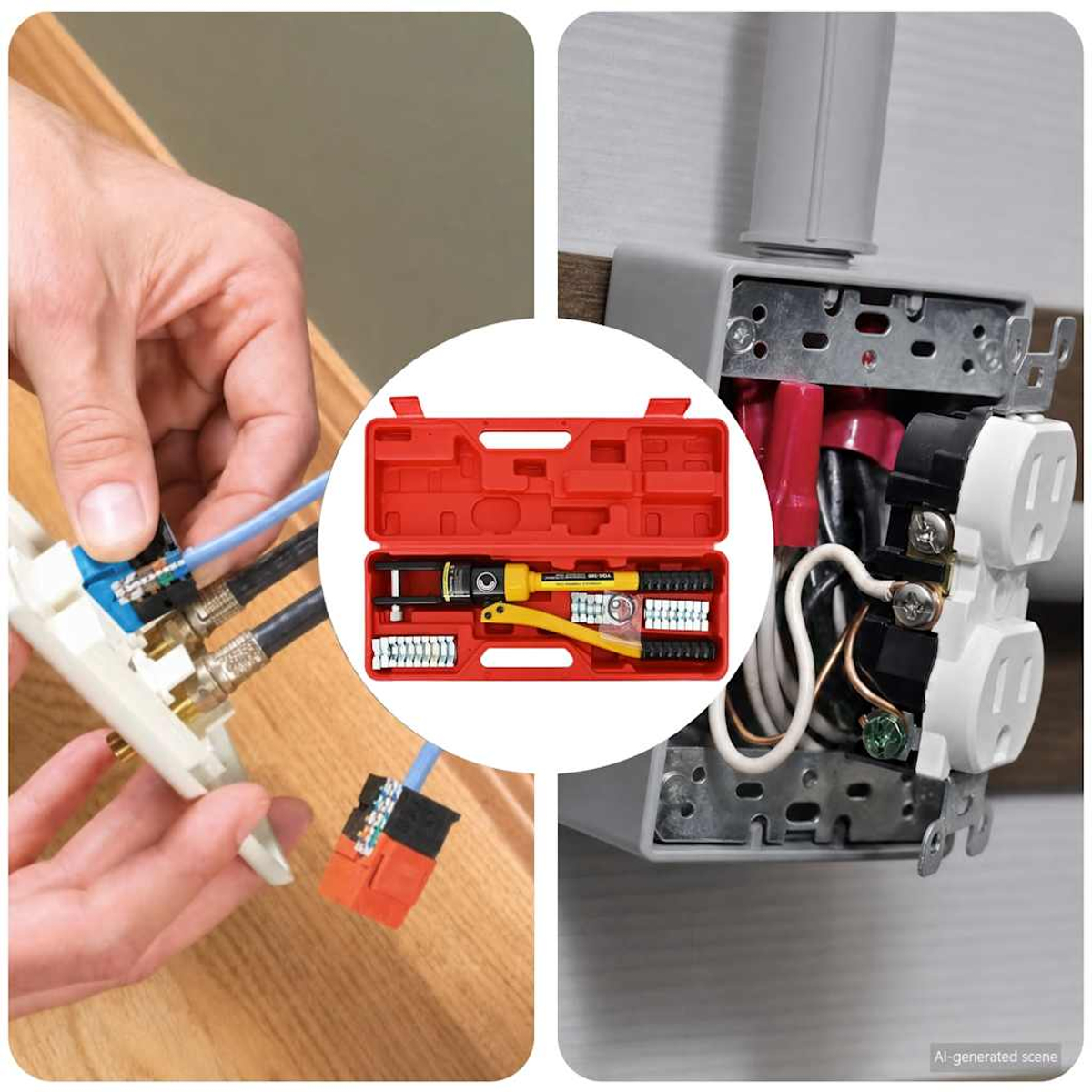 Werkzeug für Kabelinstallation, Hand mit Stecker, Steckdose im Hintergrund.