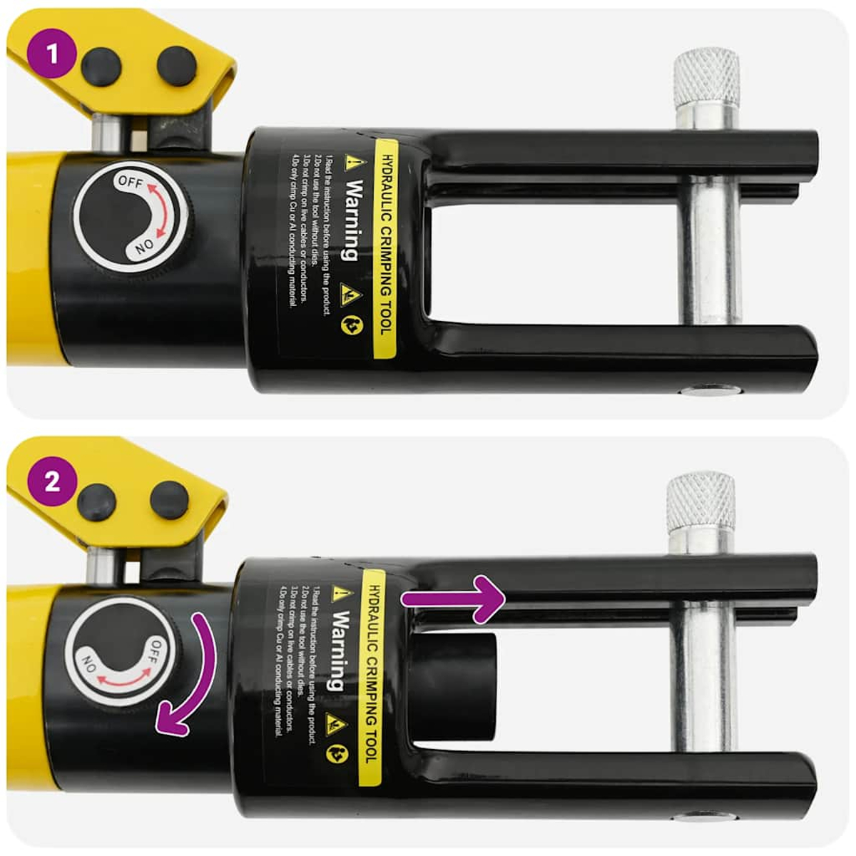Hydraulische Crimpzange mit gelbem Griff. Bild 1: "OFF"-Einstellung. Bild 2: "ON"-Einstellung.