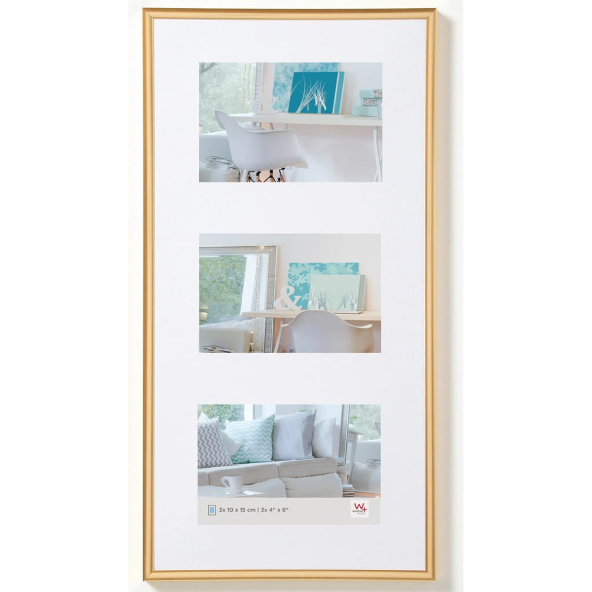 Goldener Bilderrahmen mit drei Fotos von einem Schreibtisch und Sofa.