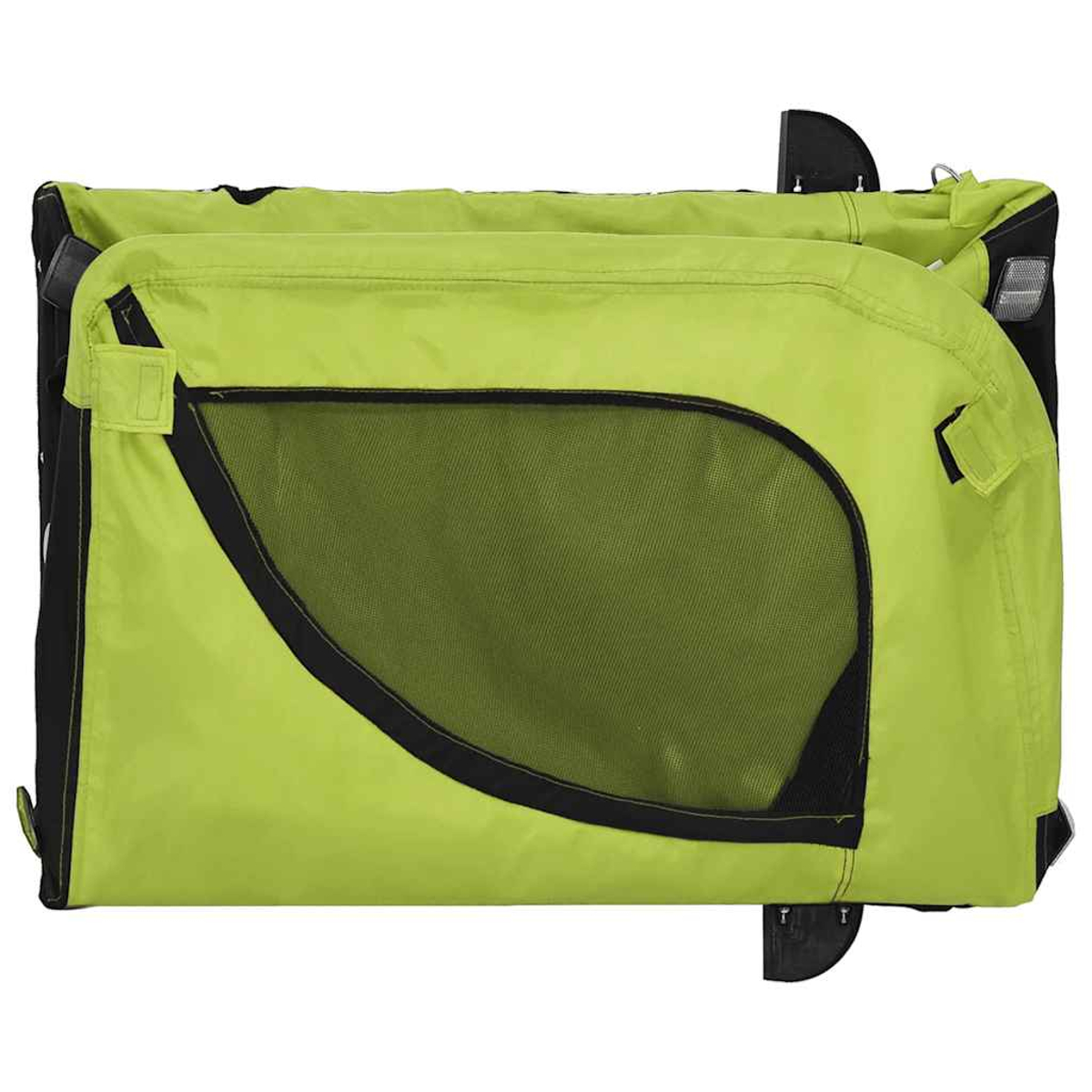 Ein zusammengeklappter, neongrüner Hundekäfig mit schwarzen Akzenten und Netzfenstern.