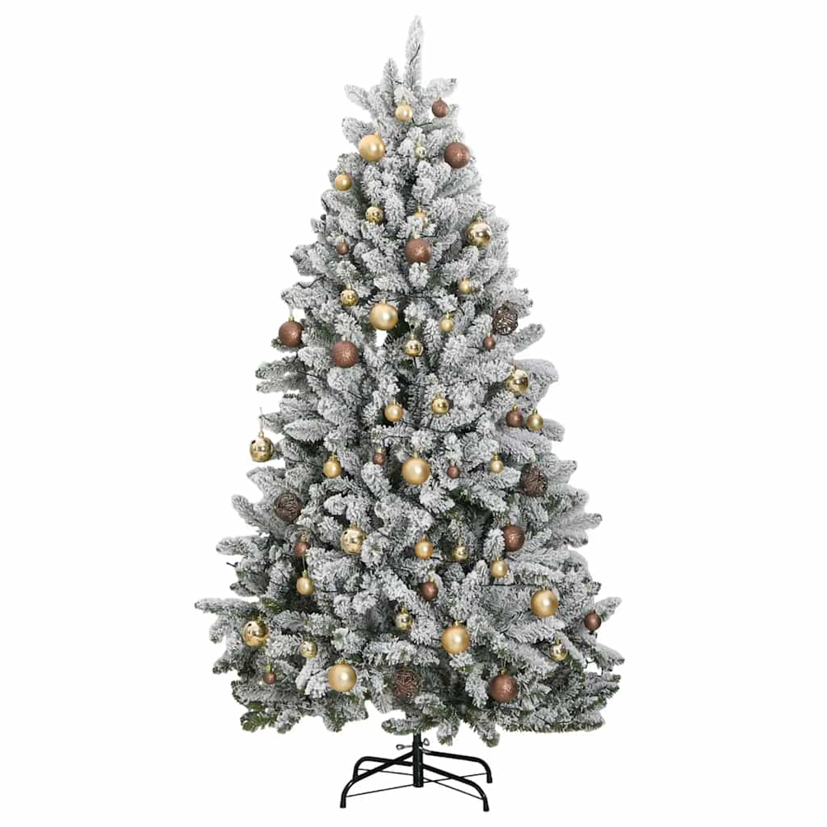 Vollständig geschmückter Weihnachtsbaum mit goldenen und bronzenen Kugeln, mit Schnee bedeckt.