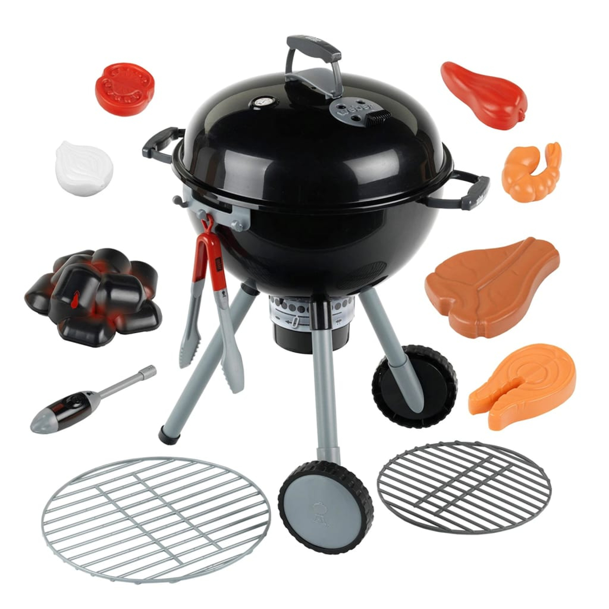 Un set da grill giocattolo con carbone, carne, gamberetti, verdure e attrezzi.