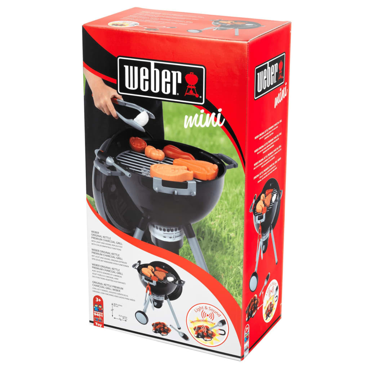 Giocattolo Weber Mini Grill con luce e suono su scatola rossa.