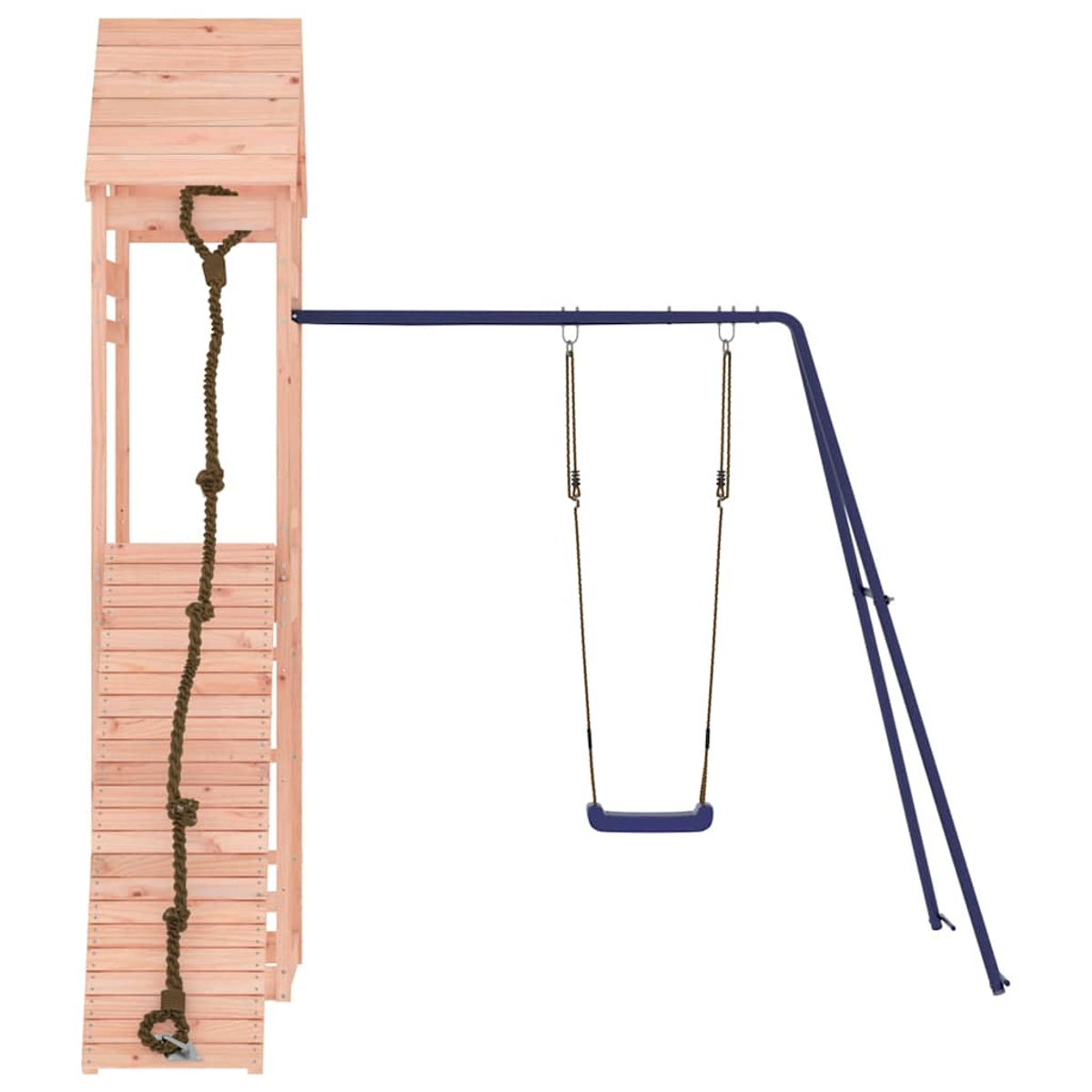 Holz-Spielturm mit Strickleiter und einer Schaukel mit blauem Sitz.