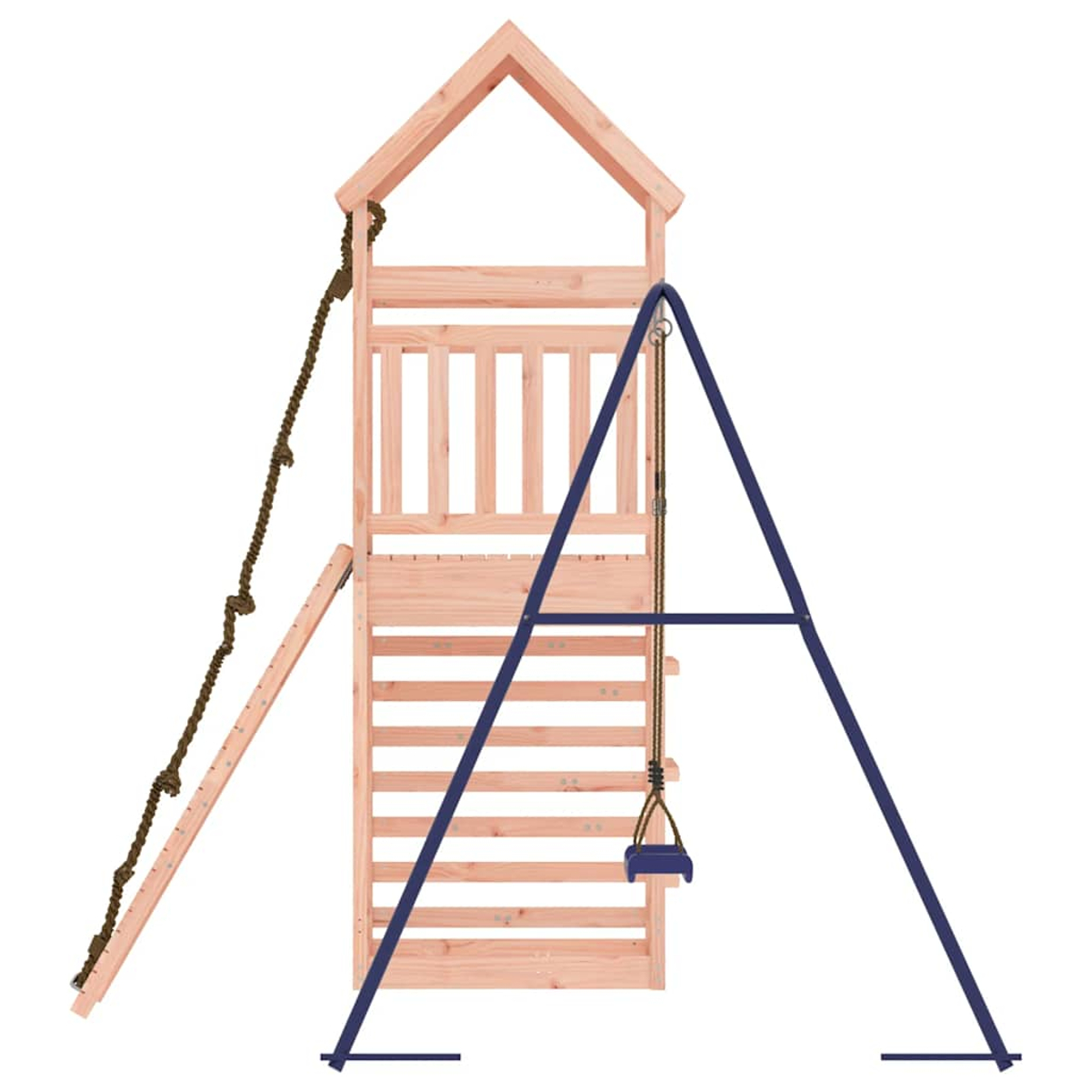 Holz-Spielturm mit Hängeschaukel, Strickleiter und Rampe.