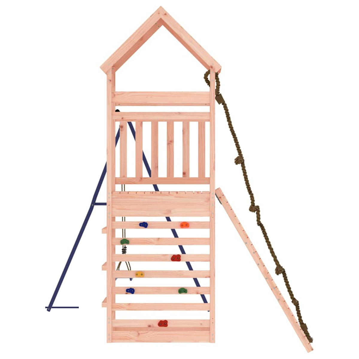 Holz-Klettergerüst mit Sprossenwand, Seil und Leiter auf weißem Hintergrund.