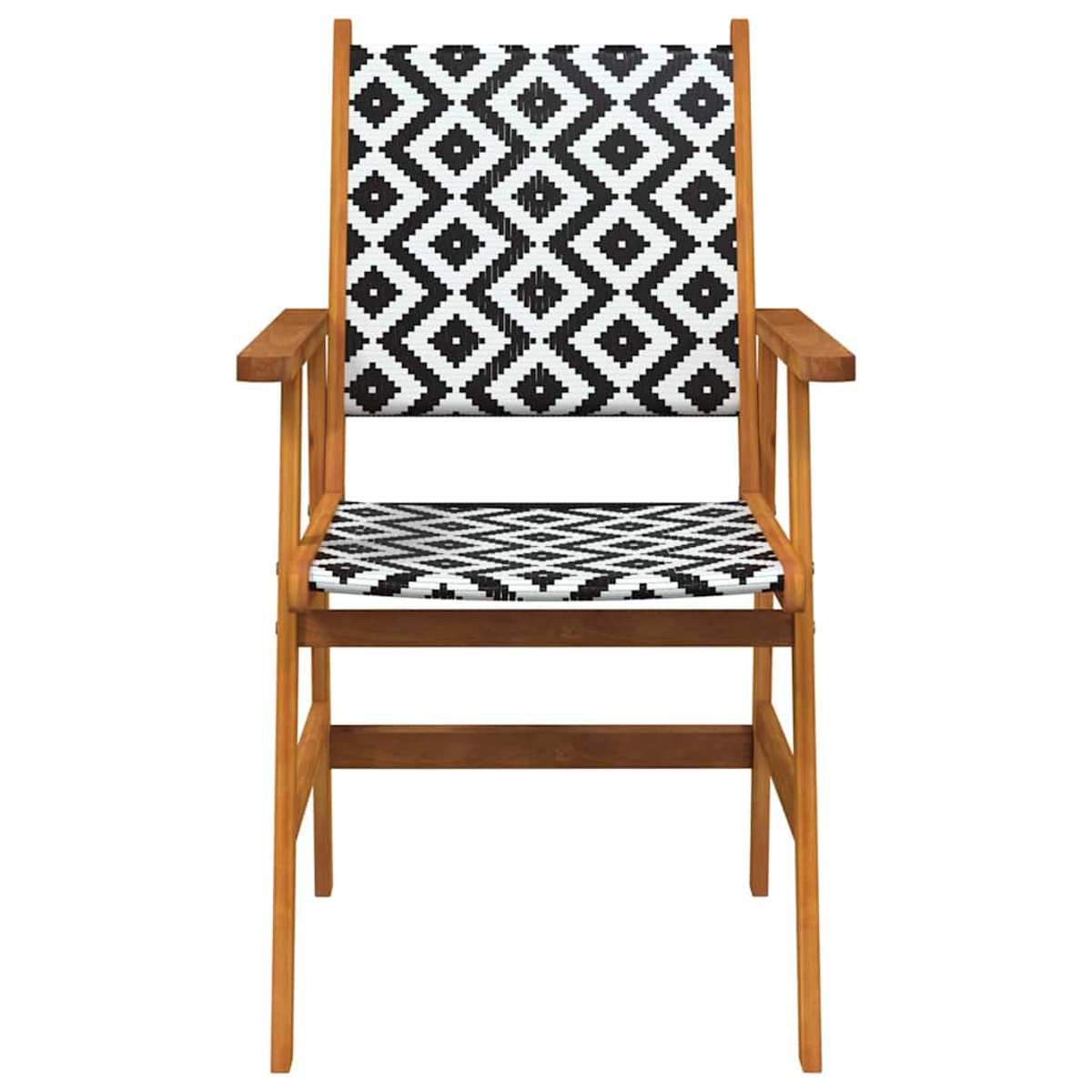 Ein Holzstuhl mit schwarz-weißem geometrischem Muster auf Sitz und Rücken.