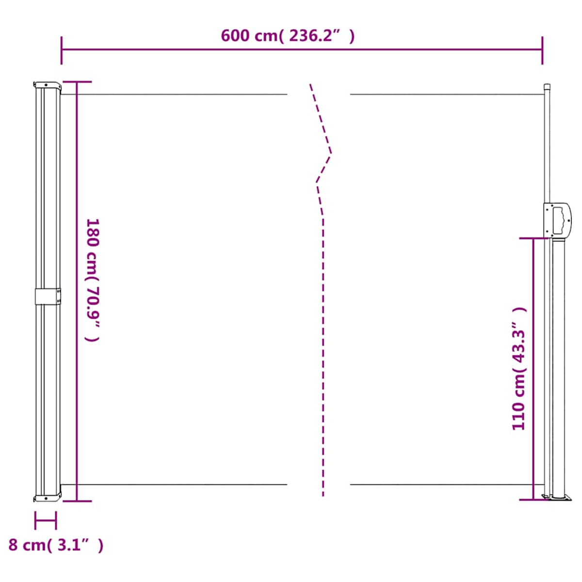 Diagramm eines ausfahrbaren Zauns: 600cm breit, 180cm hoch, 8cm tief.