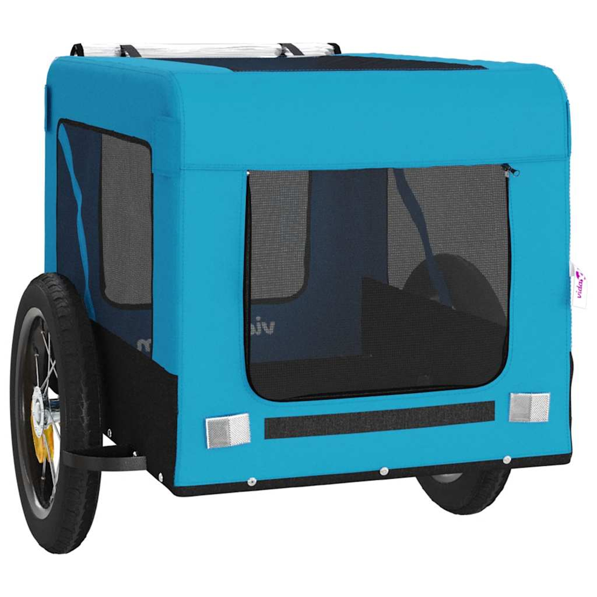 Ein blauer Kinderwagenanhänger mit Netzfenstern und Reflektoren.