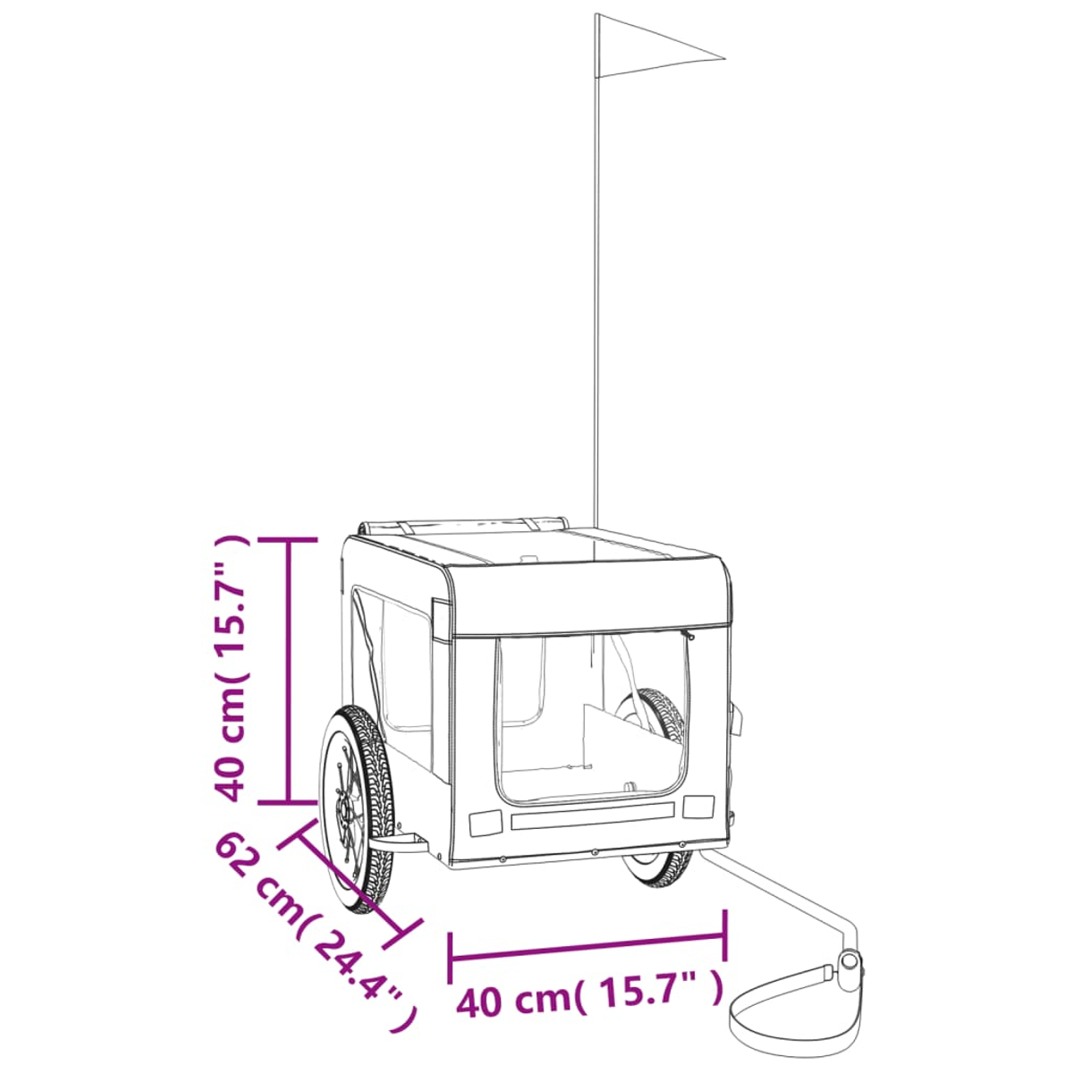 Eine Skizze eines Fahrradanhängers mit Maßen 40x62x40 cm und einer Fahne.