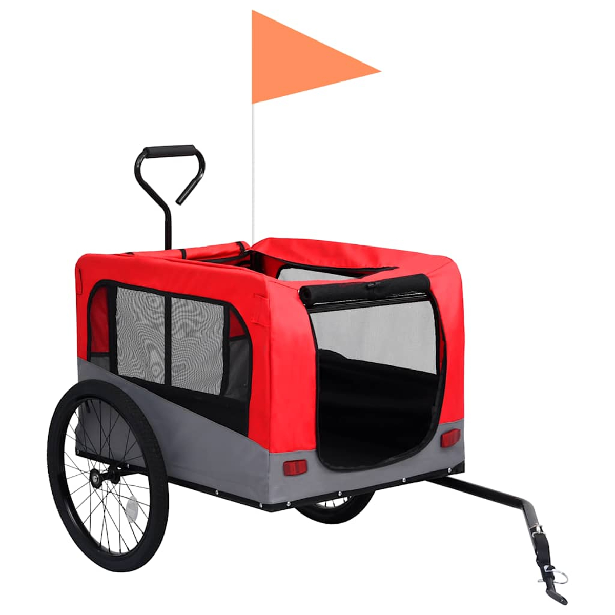 Ein roter und grauer Fahrradanhänger für Haustiere mit Netzfenstern und einer orangefarbenen Fahne.