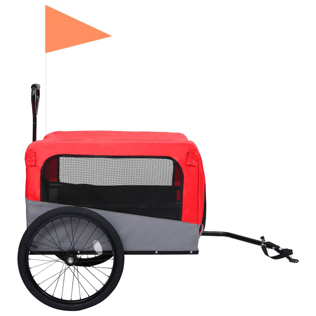 Ein roter und grauer Hundanhänger mit einer orangefarbenen Flagge und einem schwarzen Rad.