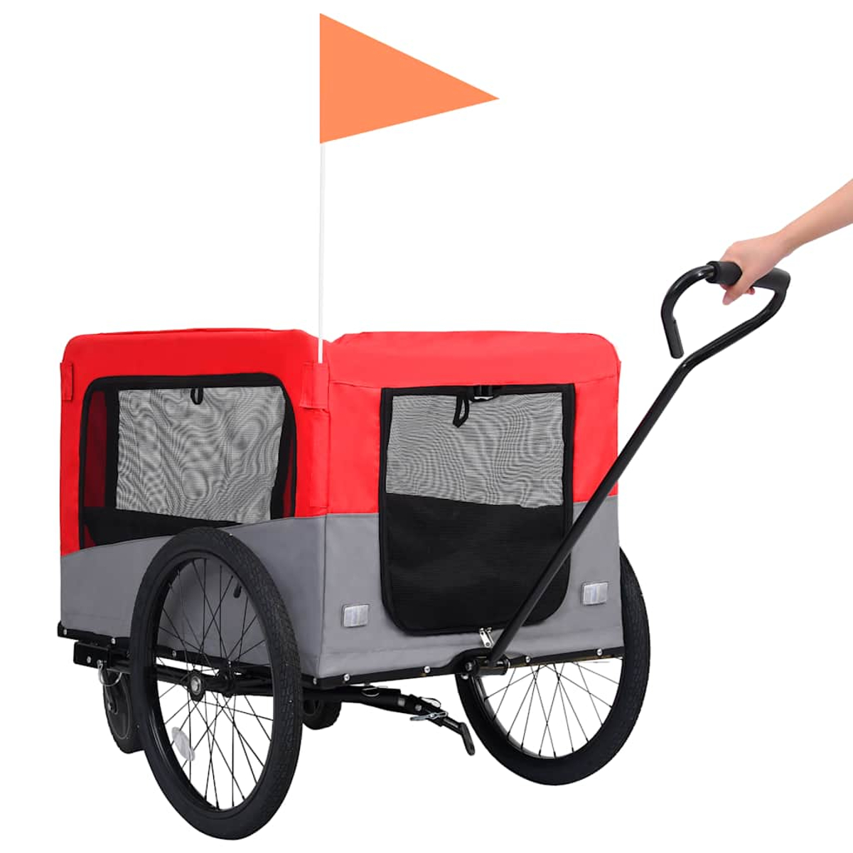 Roter und grauer Haustieranhänger mit zwei Fächern, orangefarbener Flagge, weißem Hintergrund.