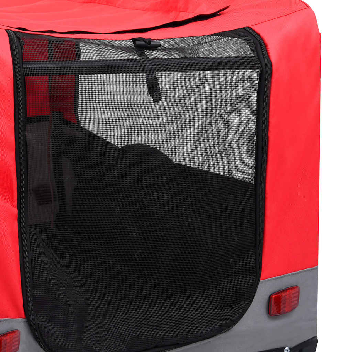 Roter Transportanhänger mit schwarzem Netzfenster und Rücklicht.