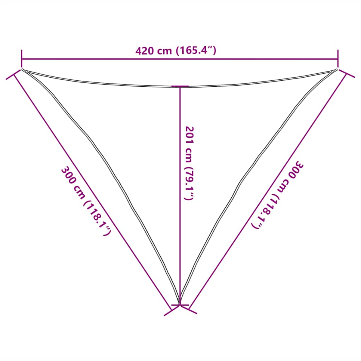 Tenda da sole triangolare con dimensioni: 420 cm larghezza, 201 cm altezza, 300 cm lati.