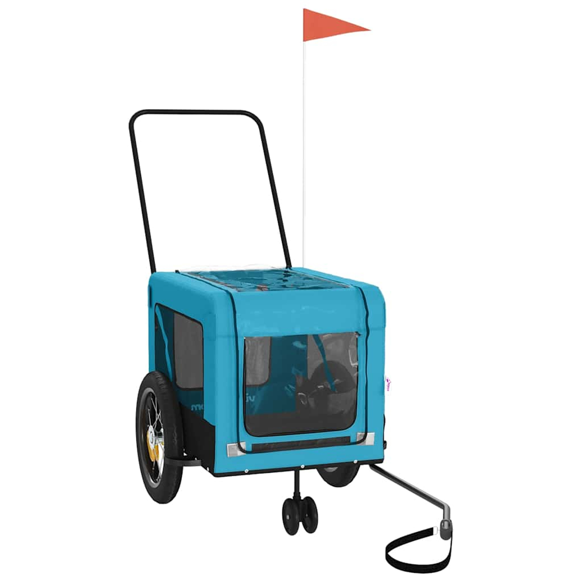 Ein blauer Anhänger mit zwei Rädern und einem orangefarbenen Fähnchen.
