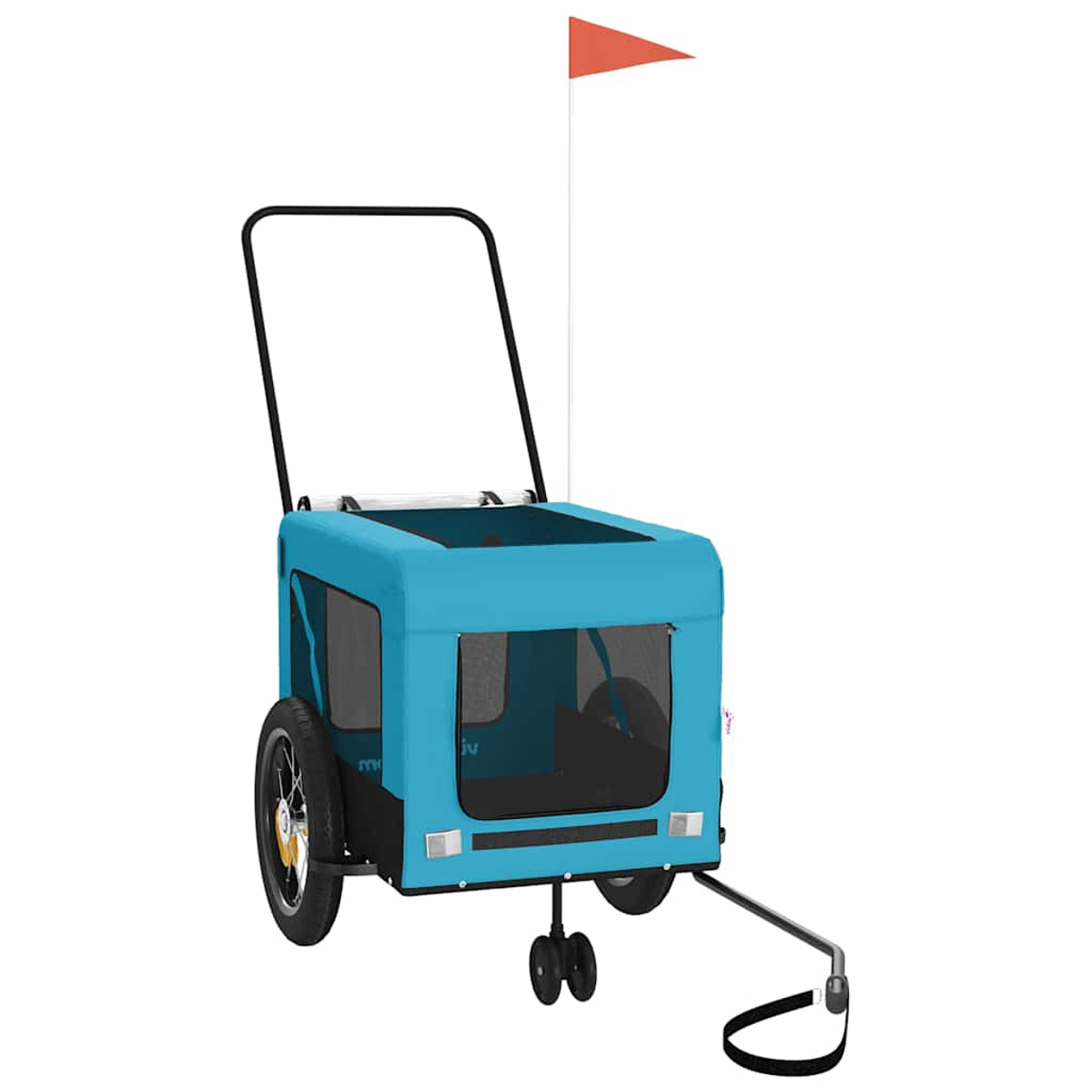 Ein blauer Kinderwagen mit einem roten Fähnchen und einem Griff.