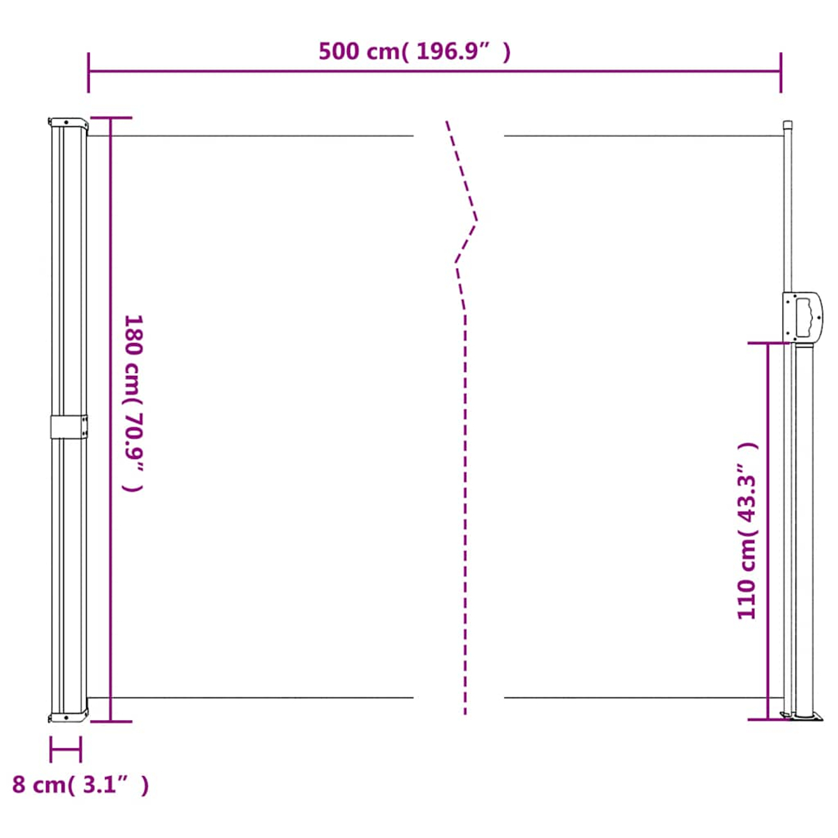 Diagramma mostra un cancello retrattile. Dimensioni: 500cm larghezza, 180cm altezza, 8cm profondità.