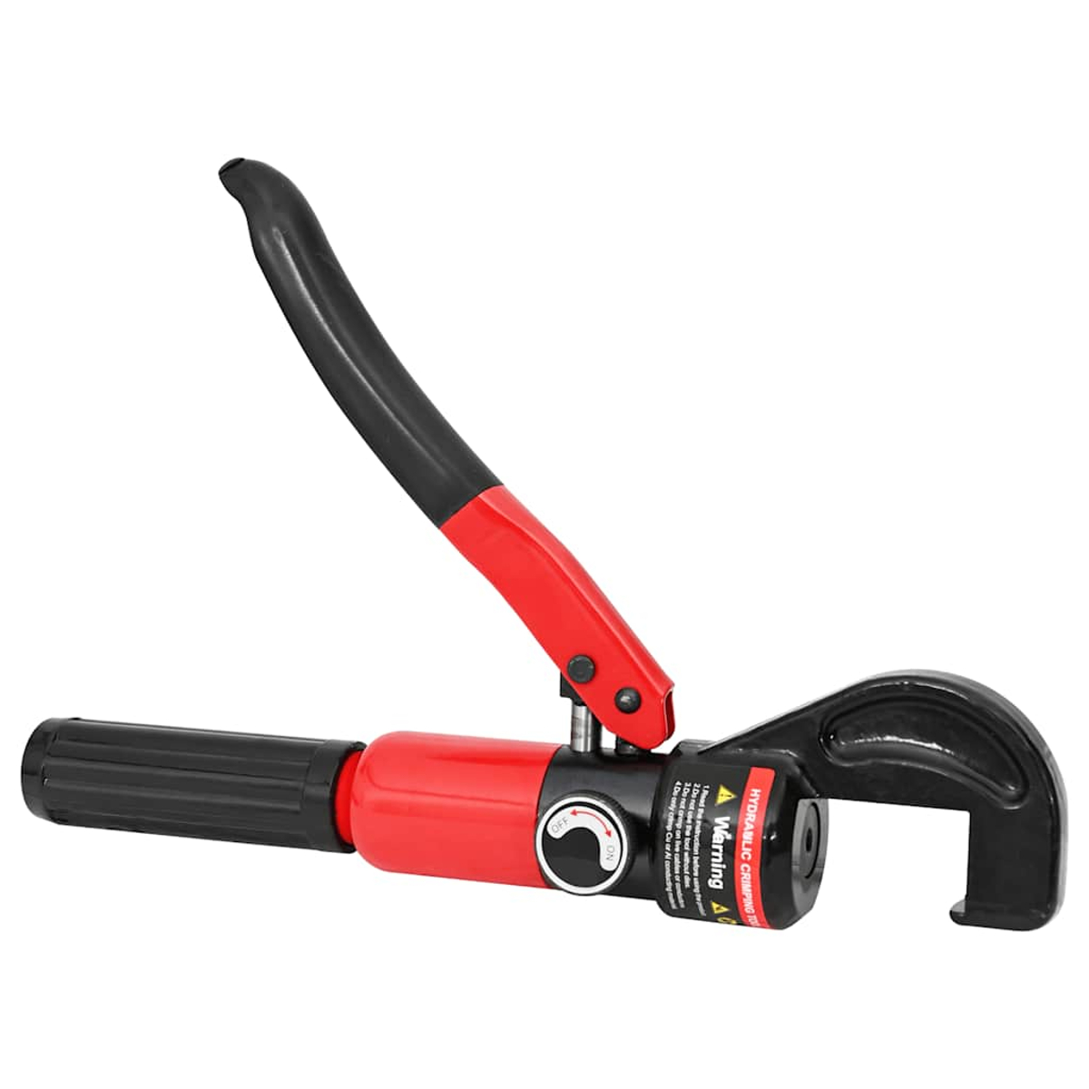 Rote hydraulische Crimpzange mit schwarzem Griff und schwarzem Klemmeinsatz.