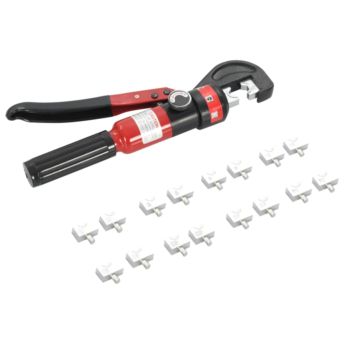Rote und schwarze hydraulische Crimpzange mit mehreren silbernen Matrizen in einer Reihe auf weißem Hintergrund.