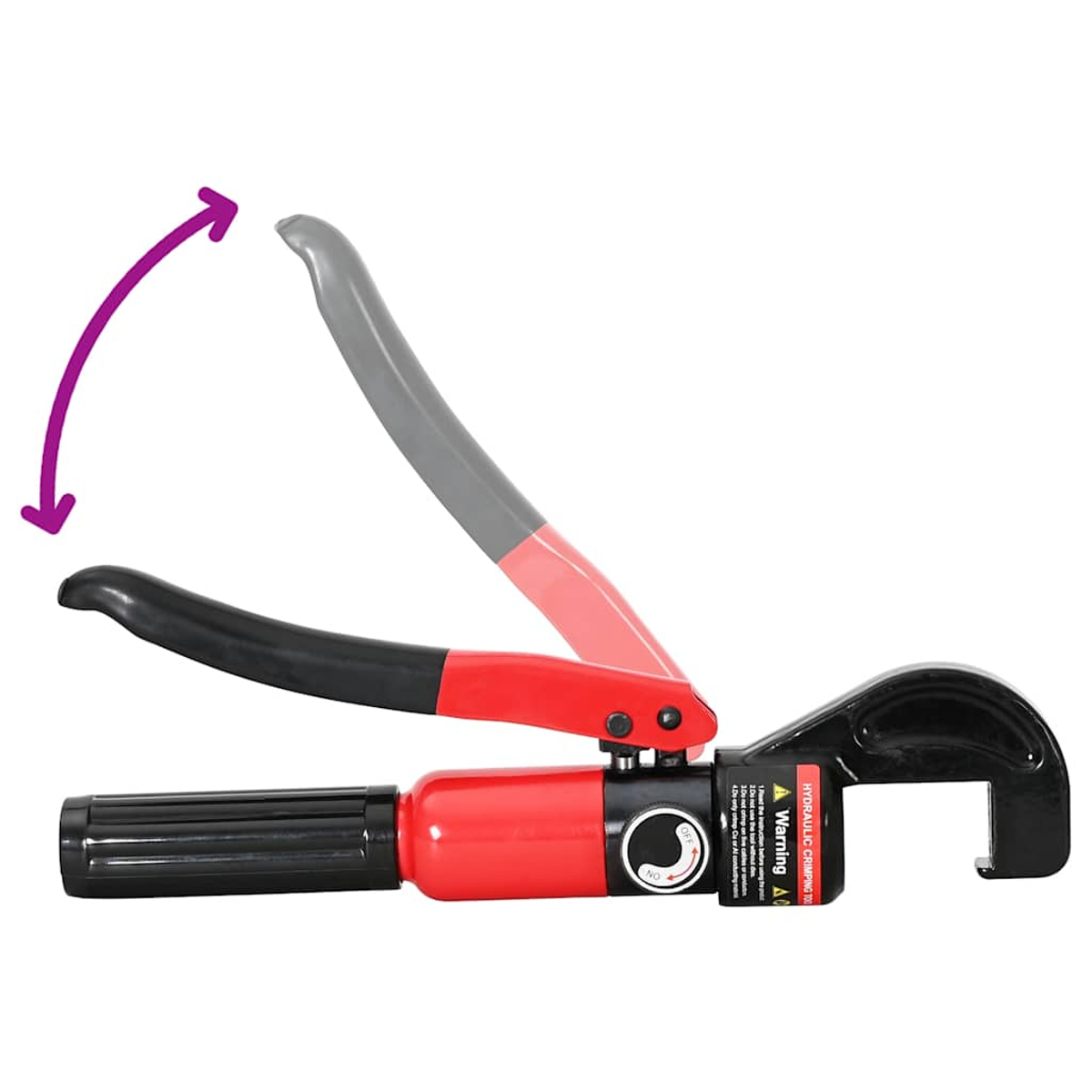 Rote hydraulische Crimpzange mit schwarzem Griff und offenem Maul.