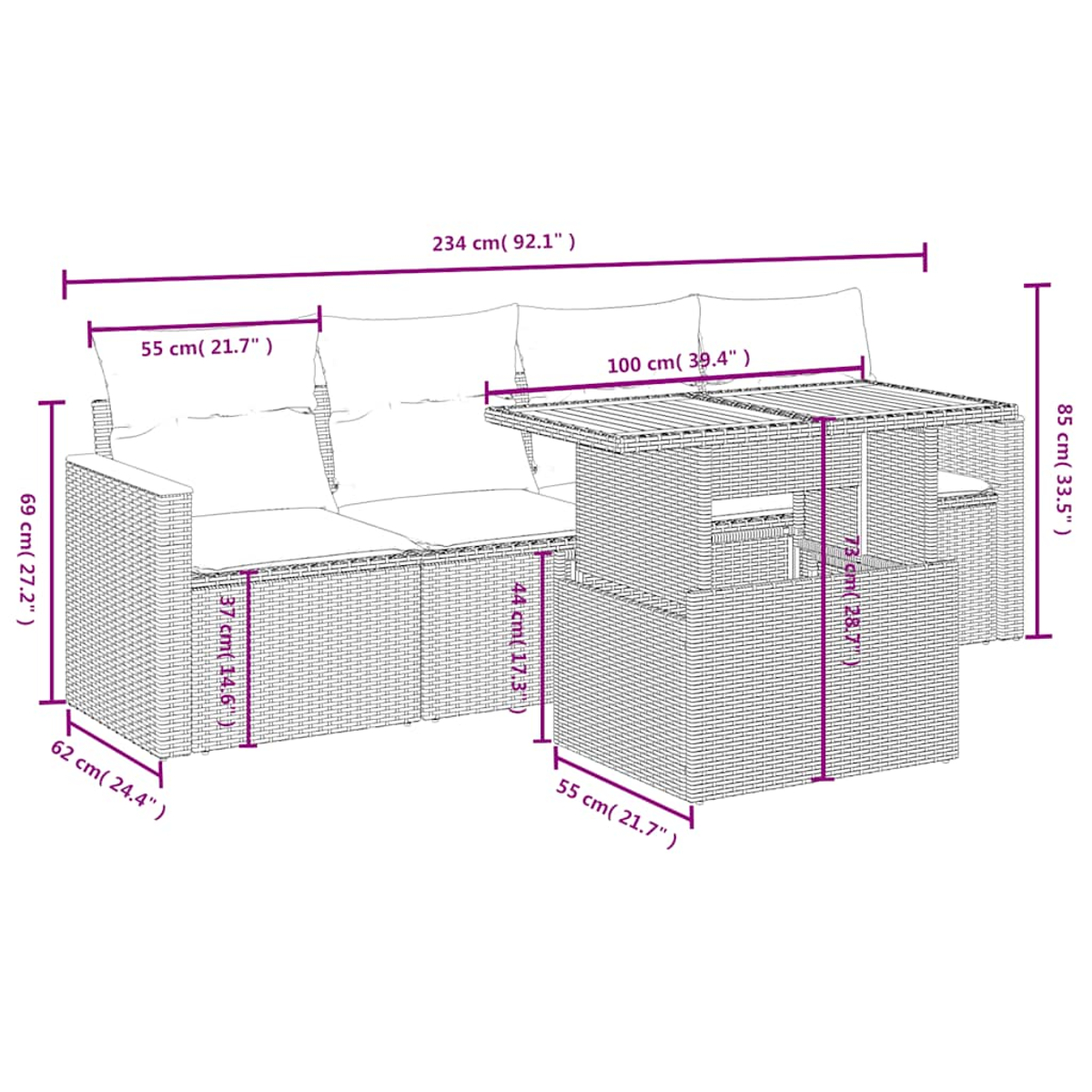 Geflochtenes Lounge-Set mit Maßen. Sofa 234x69x55cm, Tisch 100x85x55cm.