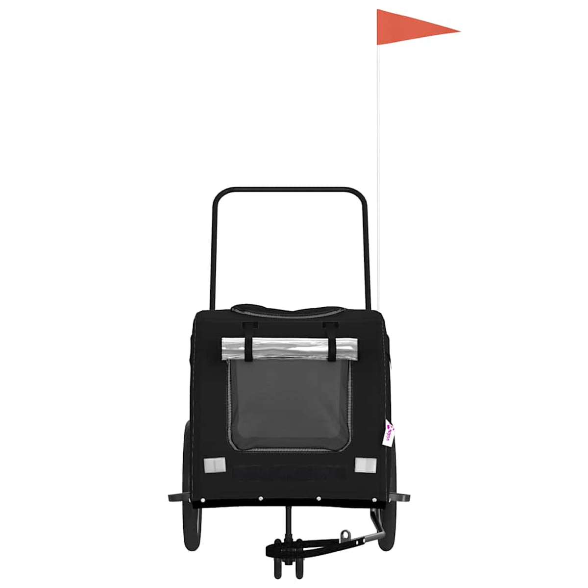Schwarzer Fahrradanhänger mit Fenster und orangefarbener Flagge an einem weißen Mast.
