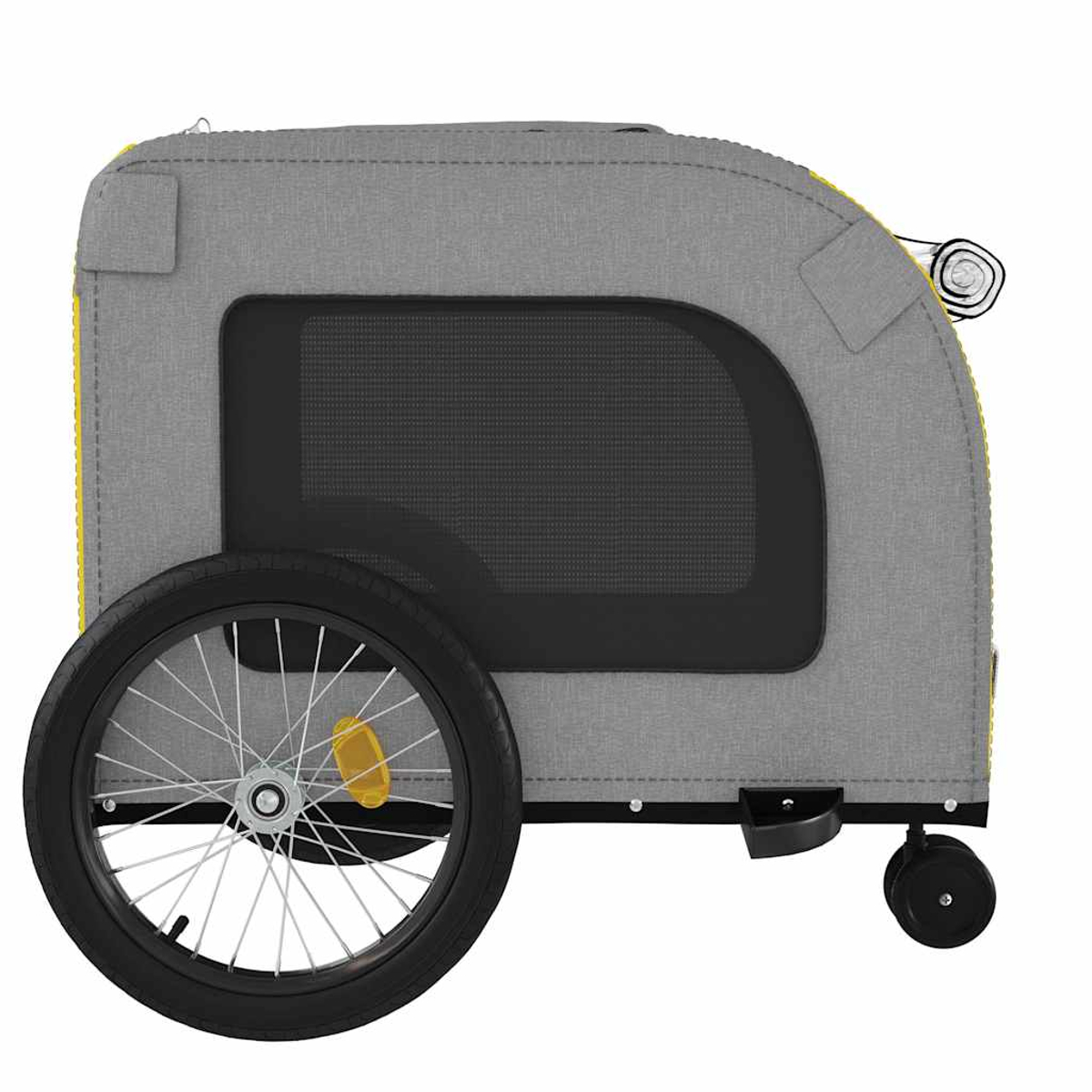 Grauer Fahrradanhänger mit großem Rad, Fenster und kleinem Rad vorne.