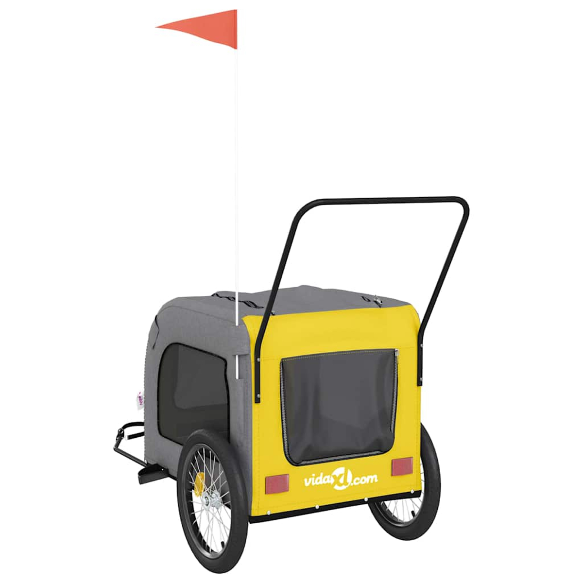 Ein gelber und grauer Fahrradanhänger für Haustiere mit Fenster und orangefarbener Fahne.