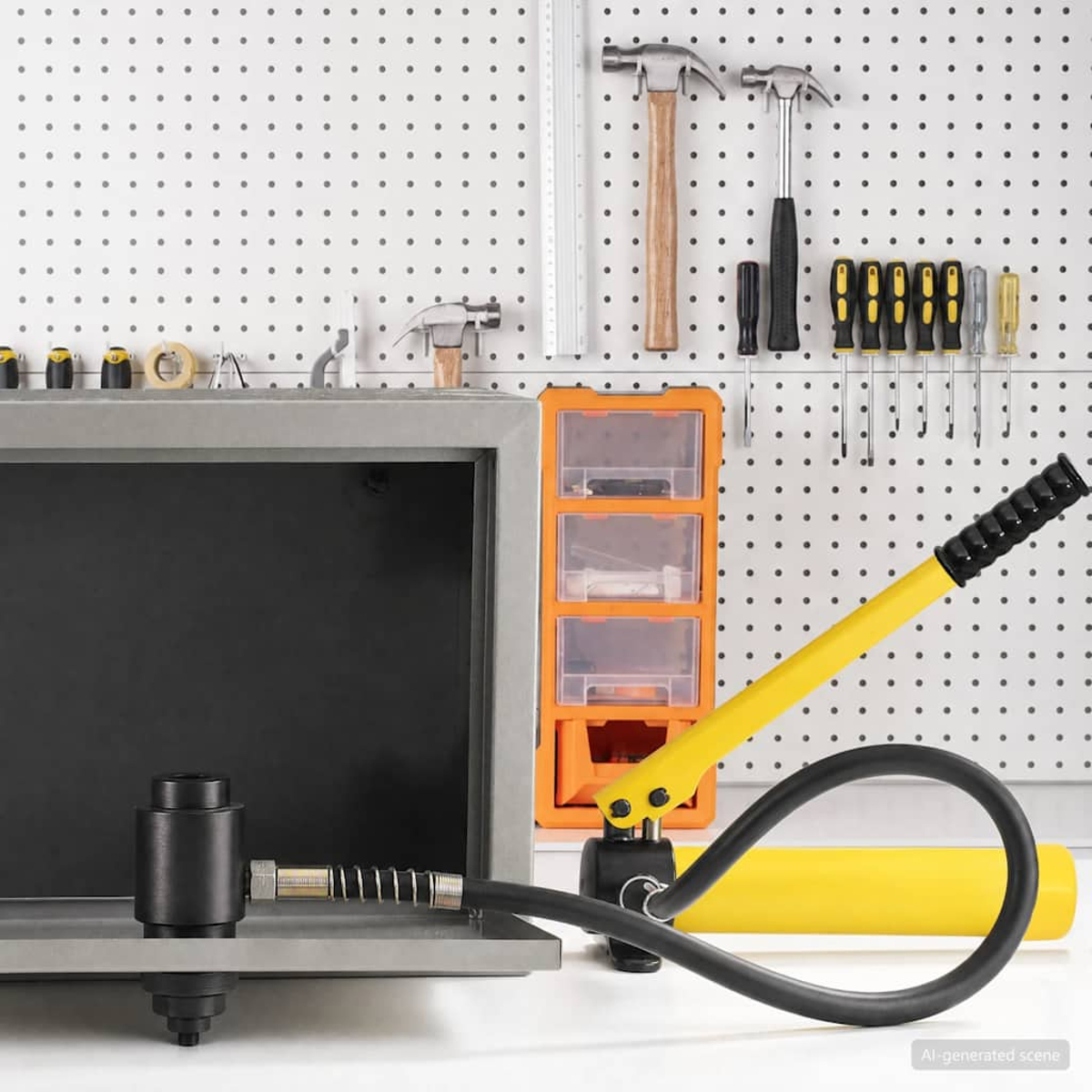 Werkstattszene mit Werkzeugen an einer Lochwand und einer Hydraulikpumpe auf einem Tisch.