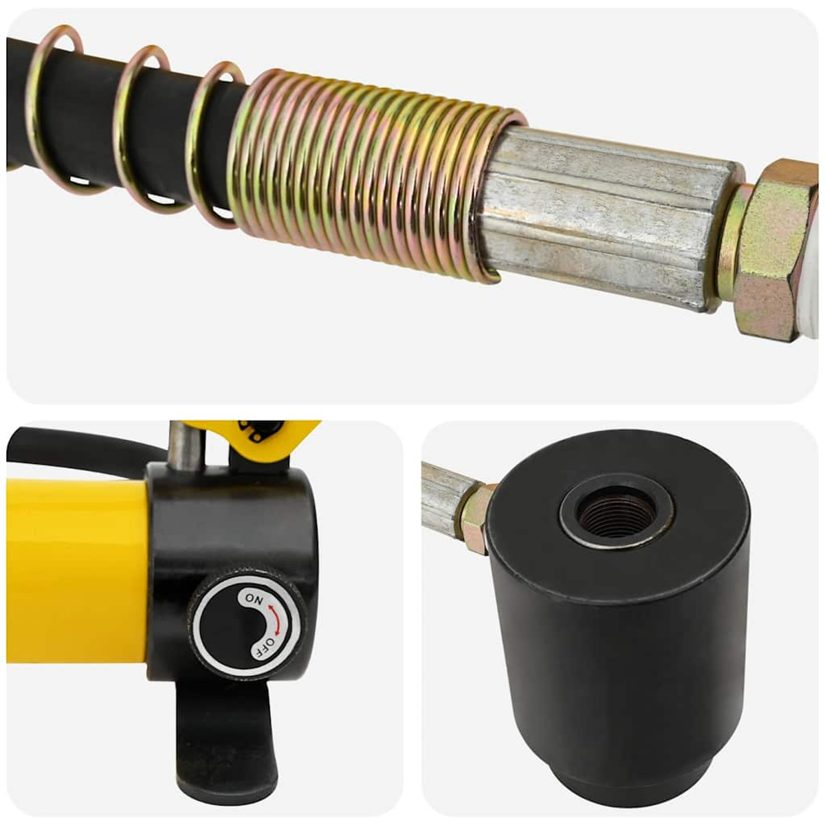 Gelber Pumpengriff mit ON/OFF-Schalter, schwarzes Zylinderteil, Metallschlauch mit Spiralfeder.