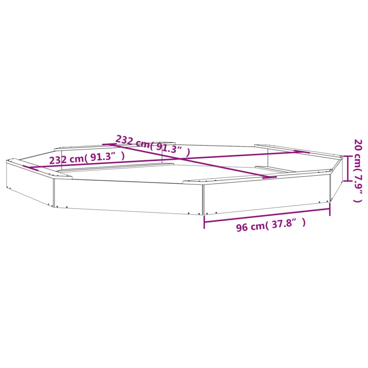 Un telaio ottagonale con dimensioni: 232 cm, 96 cm e 20 cm.