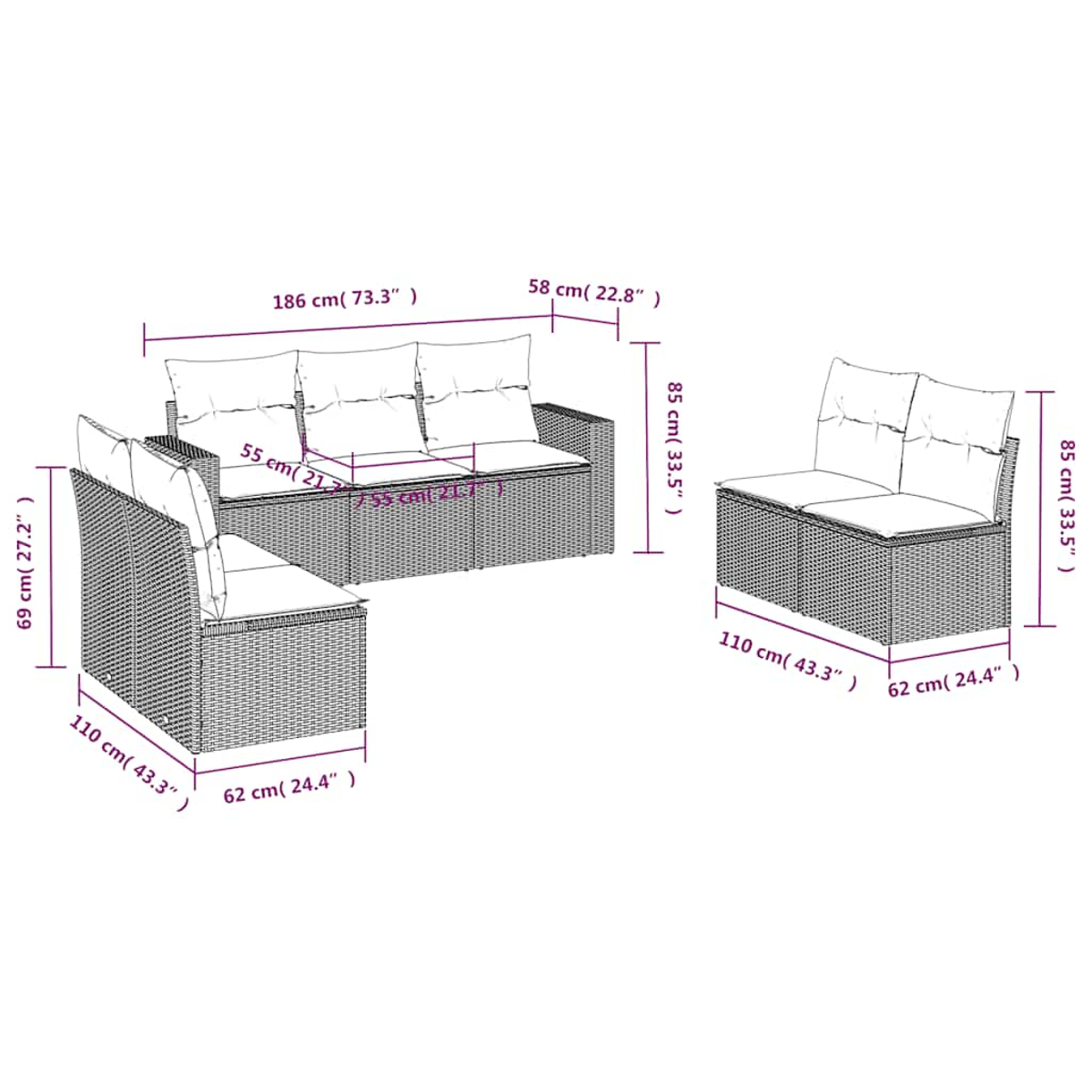 Geflochtene Lounge-Möbel mit Maßen: 3er-Sofa, Eckteil, Zweisitzer.