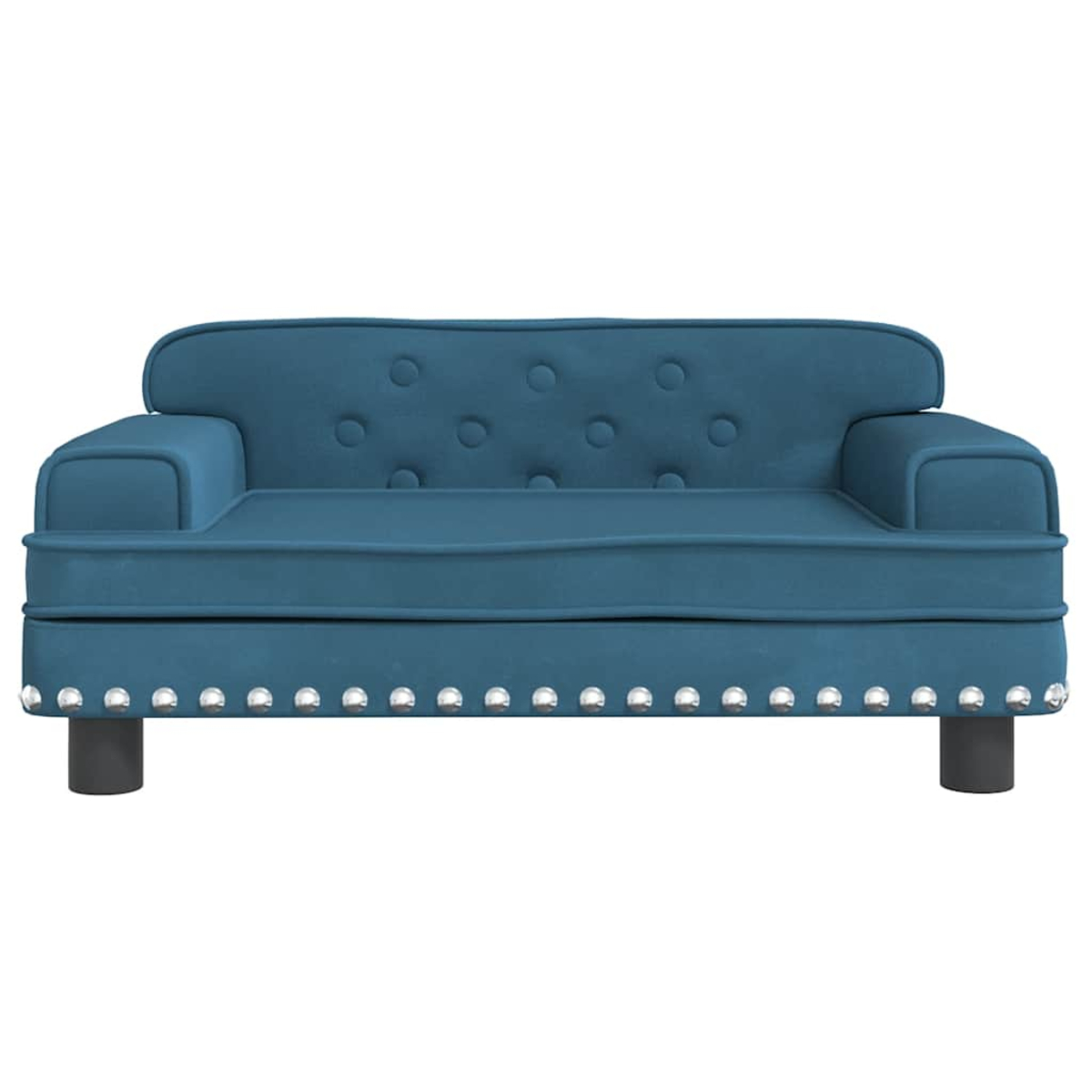 Ein blauer Zweisitzer-Sofa mit Knopfpolsterung und silbernen Nieten.
