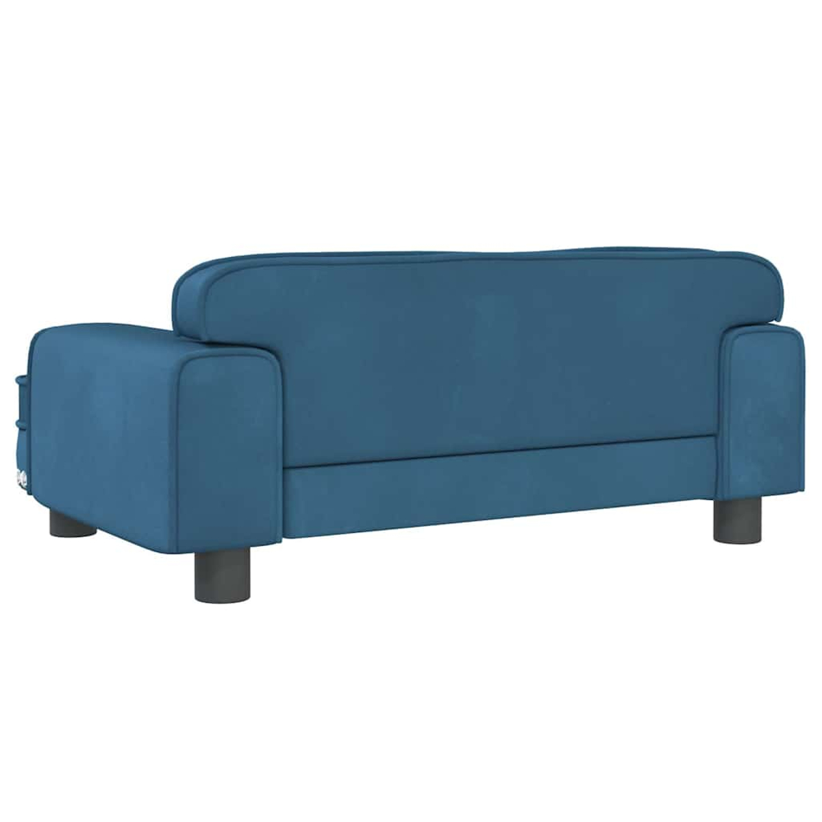 Ein blauer Zweisitzer-Sofa mit dunklen Füßen, von hinten gesehen.