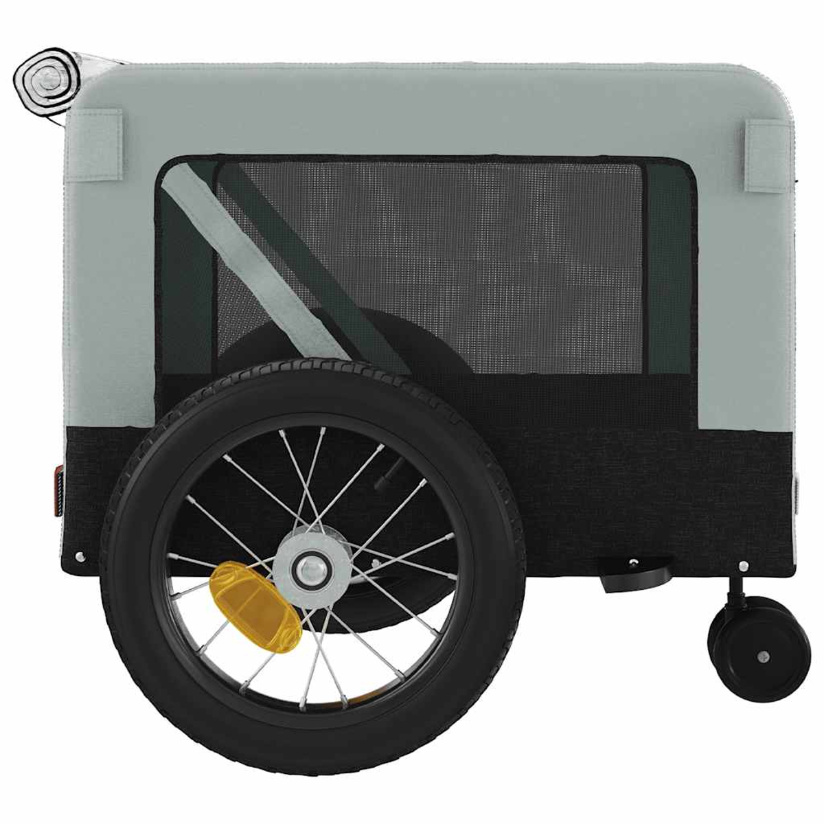 Ein grauer Kinderwagen mit großem Rad und kleinem Stützrad.