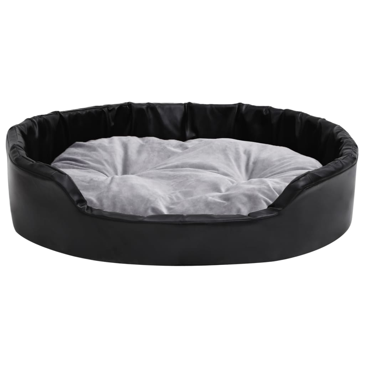 Ein rundes schwarzes Hundebett mit einem weichen grauen Kissen.