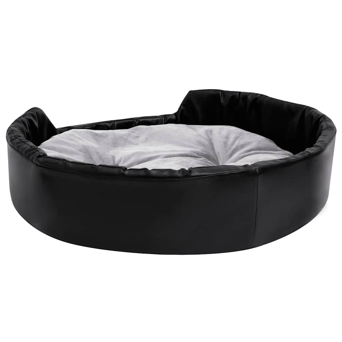 Ein schwarzer Hundebett mit einem grauen Kissen.