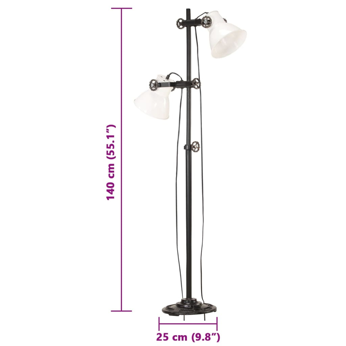 Ein schwarzer Stehlampe mit zwei weißen Lampenschirmen und Maßen.