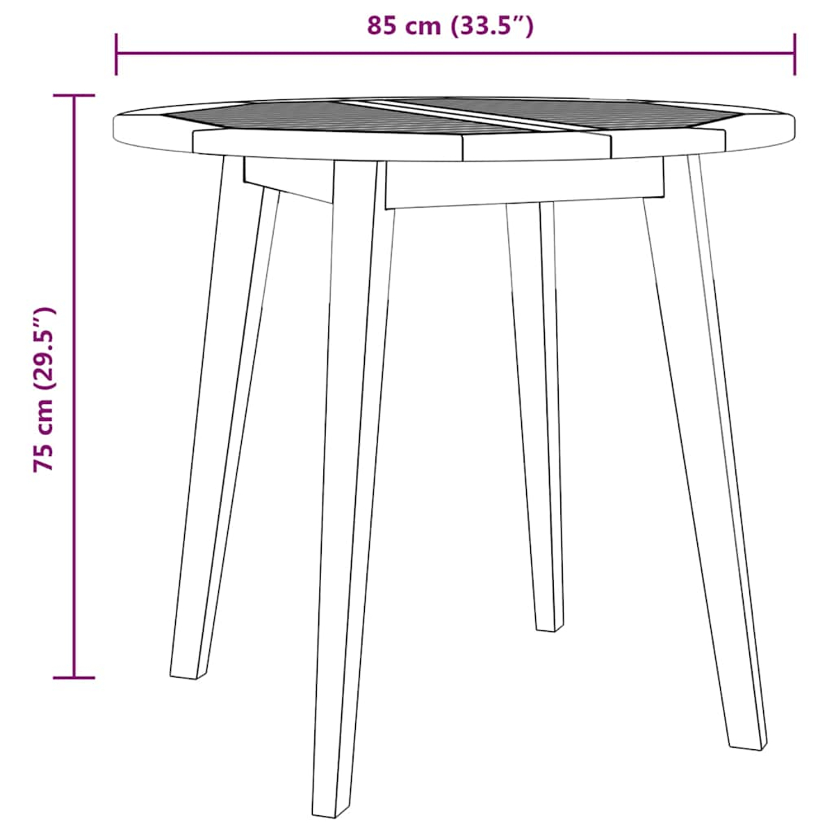 Zeichnung eines runden Tisches, 85cm breit, 75cm hoch, mit vier Beinen.
