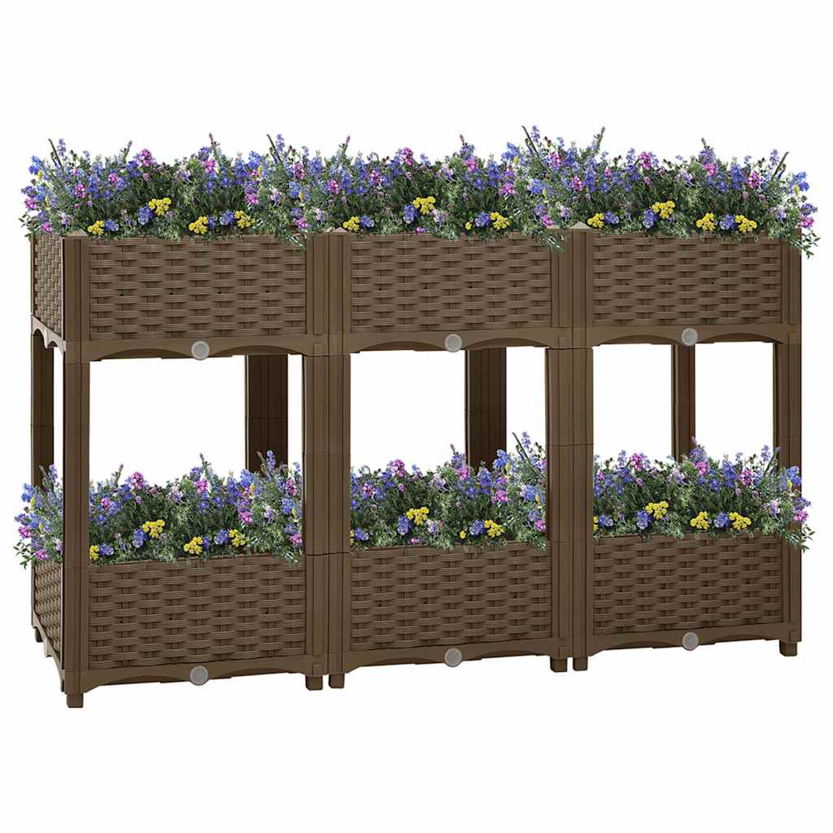 Braune Hochbeete mit bunten Blumen, in zwei Ebenen gestapelt.