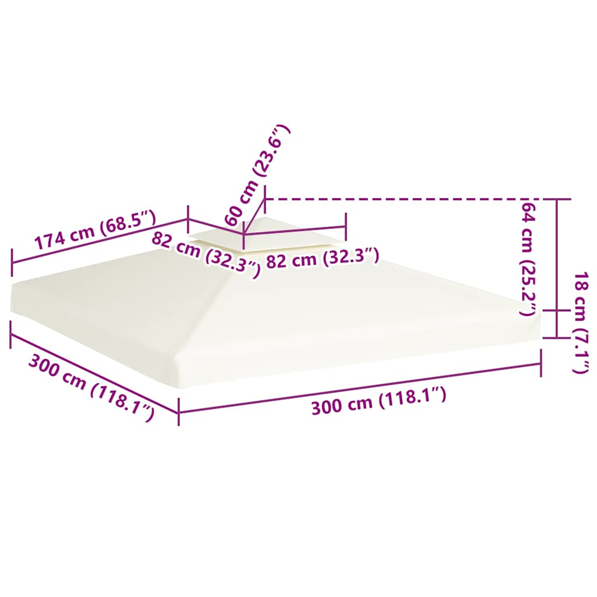 Una copertura bianca per gazebo con dimensioni: base 300x300cm, altezza 174cm, punta 60cm.